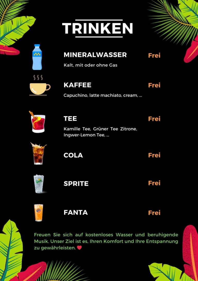 Genießen Sie während Ihrer Nagelbehandlung eine kostenlose Getränkeauswahl und entspannende Musik in stilvollem Ambiente. Unser professionelles Team aus erfahrenen Nageldesignerinnen sorgt mit höchster Präzision und modernen Techniken für perfekte Ergebnisse – von klassischer Maniküre bis hin zu trendigem Nail Art.